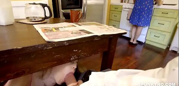  Daughter sneaks under the table to suck daddy&039;s cock